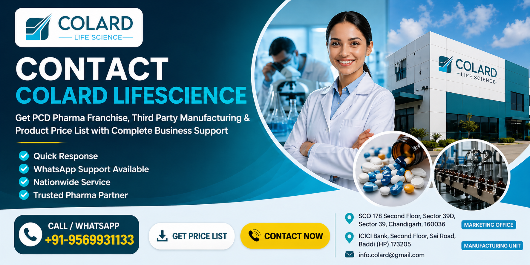 Contact Colard Lifescience banner for PCD Pharma Franchise and Third Party Manufacturing with WhatsApp support and Chandigarh office